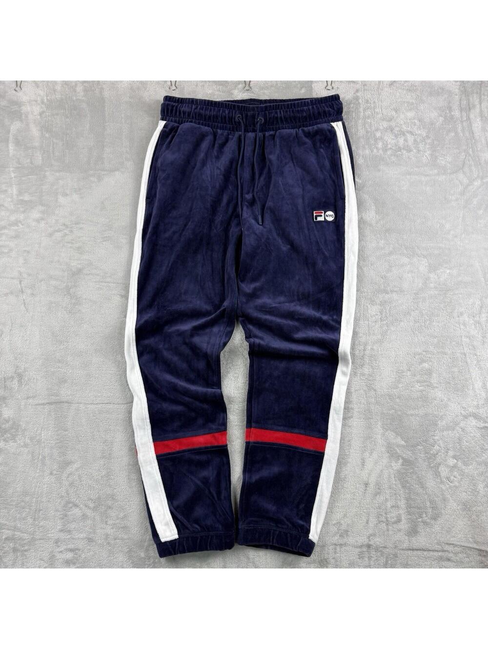 Fila NYC Velour Track Pants Men's Medium Navy Red White Joggers Streetwear Soft